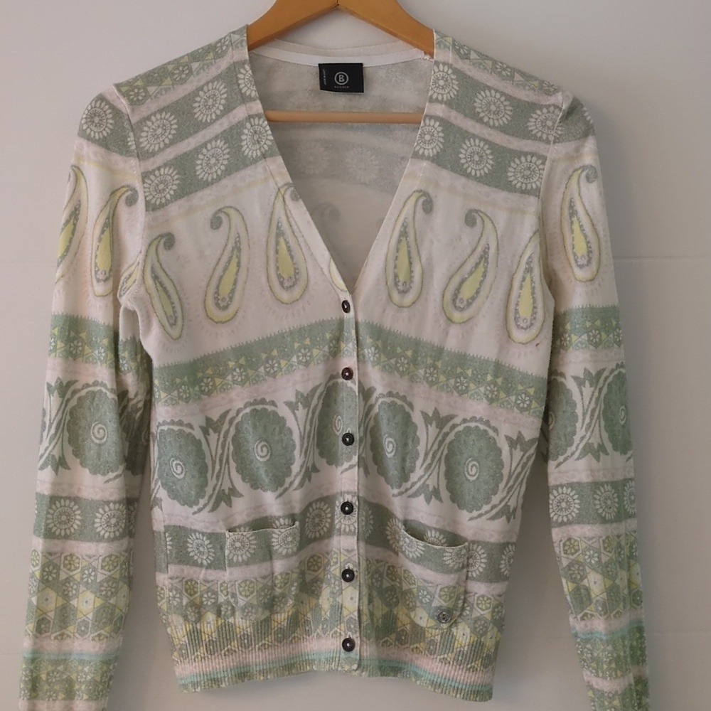 Bogner lightweight cardigan painsly print pastel colors cotton cashmere Sz S
